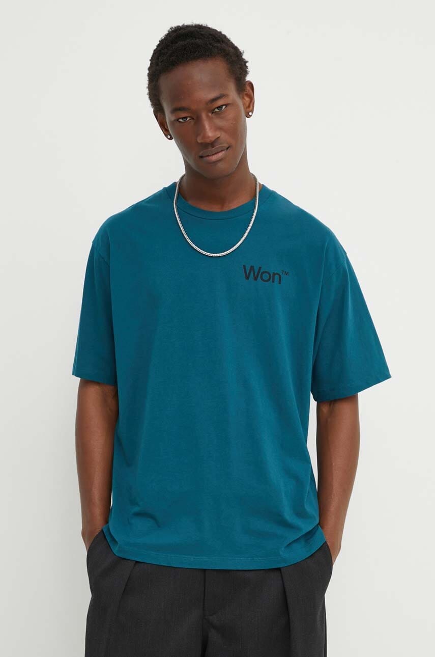 Won Hundred tricou din bumbac barbati, culoarea turcoaz, cu imprimeu, 3101-12063 Won Hundred tricou din bumbac barbati, culoarea turcoaz, cu imprimeu, 3101-12063