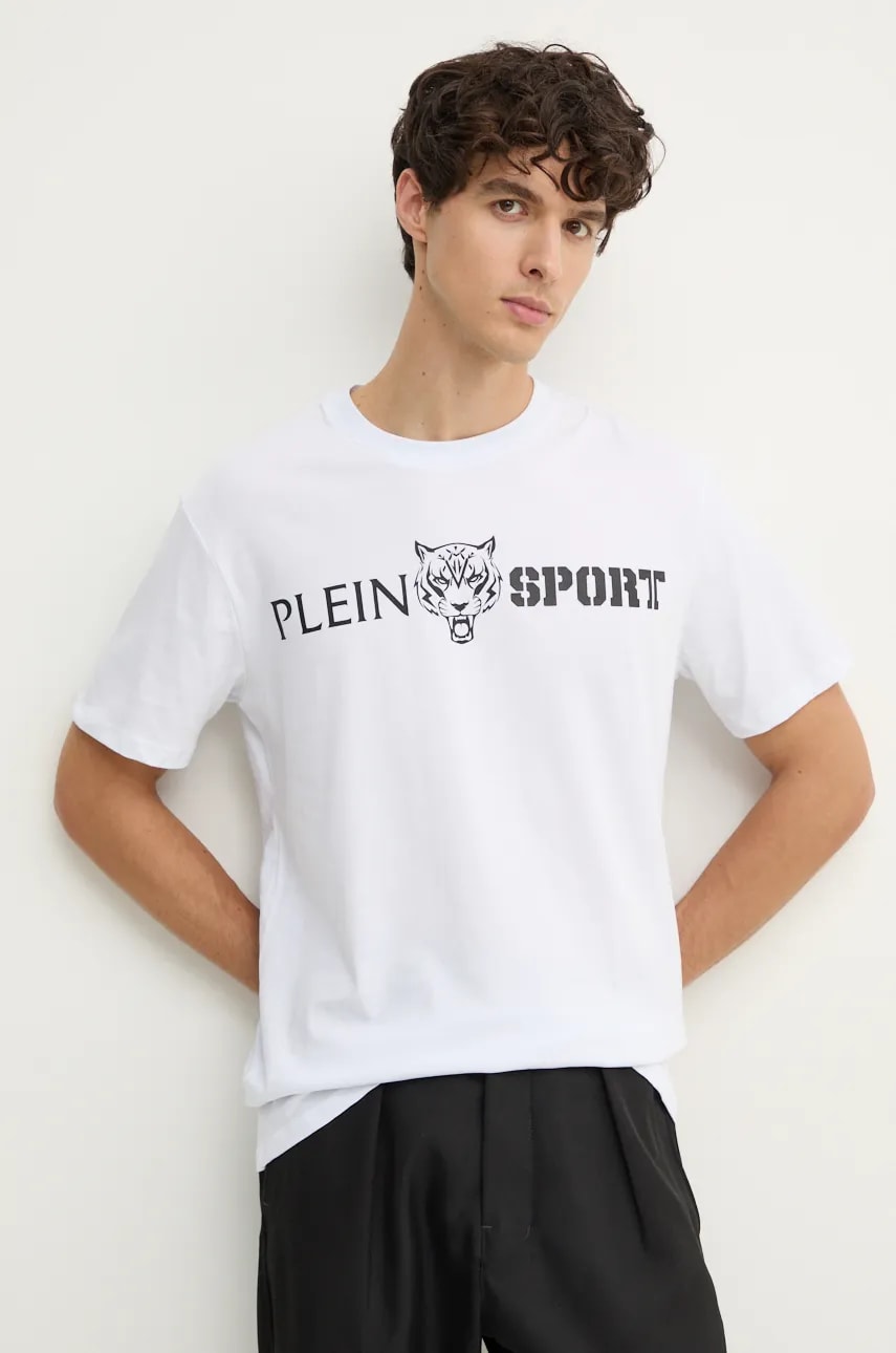 PLEIN SPORT tricou din bumbac barbati, culoarea alb, cu imprimeu, AADC MTK7197 SJY001N PLEIN SPORT tricou din bumbac barbati, culoarea alb, cu imprimeu, AADC MTK7197 SJY001N