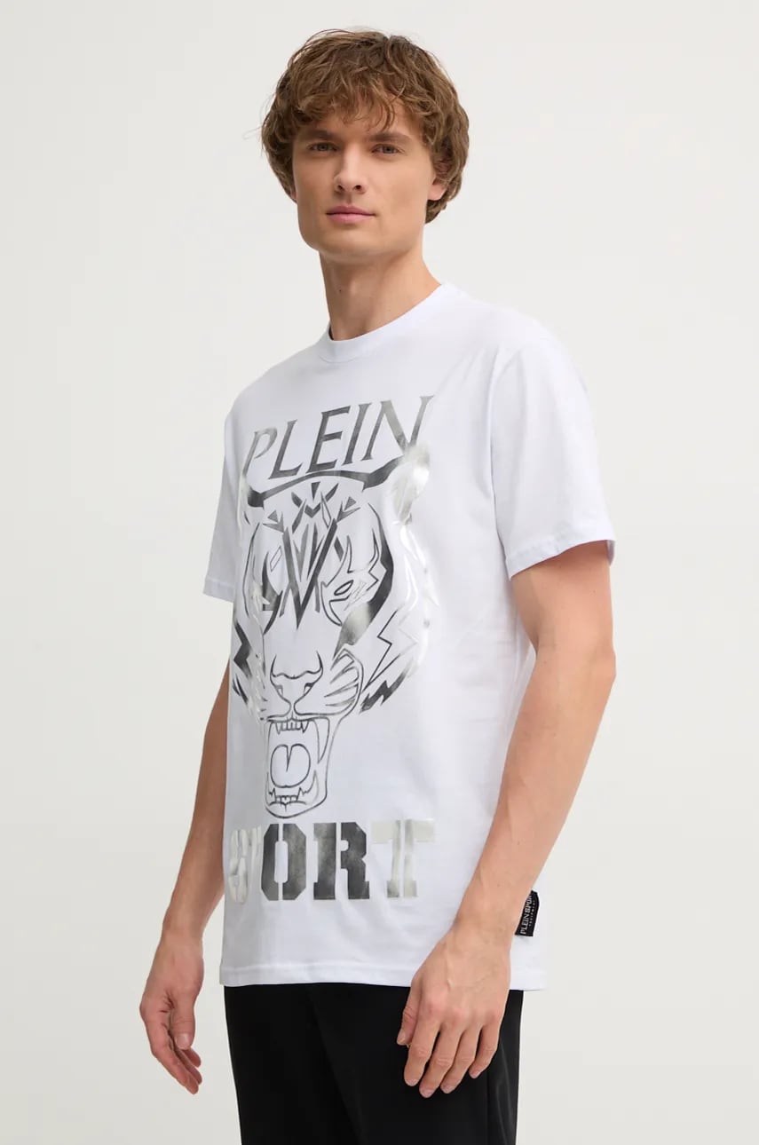 PLEIN SPORT tricou din bumbac barbati, culoarea alb, cu imprimeu, AADC MTK7946 STE001N PLEIN SPORT tricou din bumbac barbati, culoarea alb, cu imprimeu, AADC MTK7946 STE001N