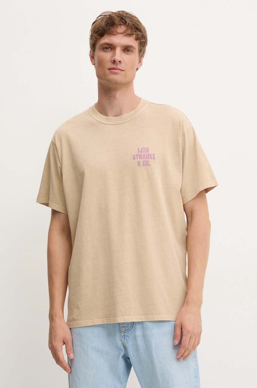 Levi's tricou din bumbac barbati, culoarea bej, cu imprimeu, 87373 Levi's tricou din bumbac barbati, culoarea bej, cu imprimeu, 87373