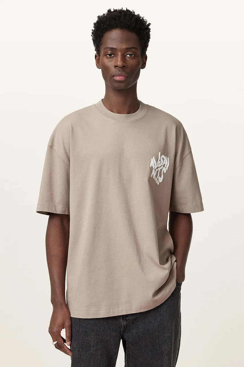 AllSaints tricou din bumbac ORLANDO SS barbati, culoarea bej, cu imprimeu, M022PA AllSaints tricou din bumbac ORLANDO SS barbati, culoarea bej, cu imprimeu, M022PA