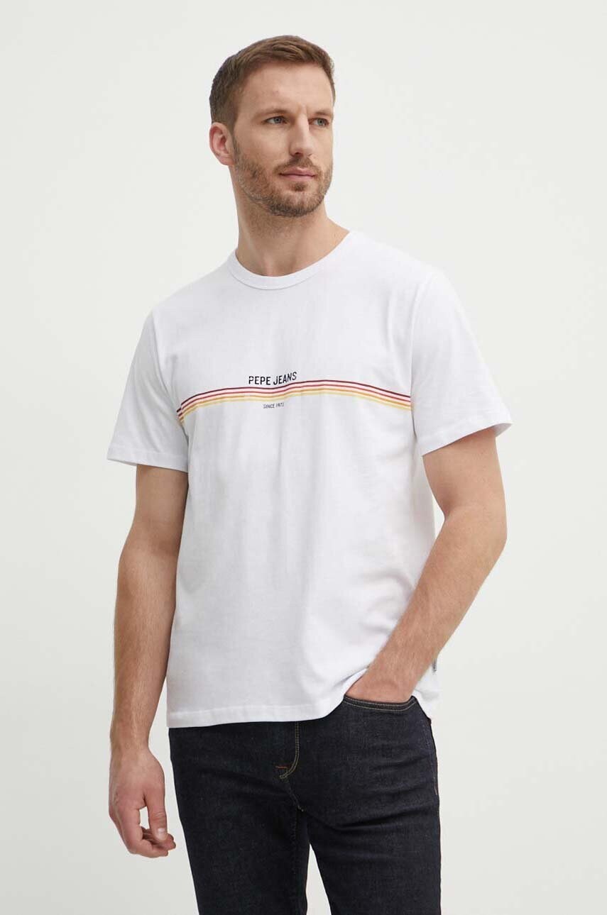 Pepe Jeans tricou din bumbac ADUR barbati, culoarea alb, cu imprimeu, PM509427