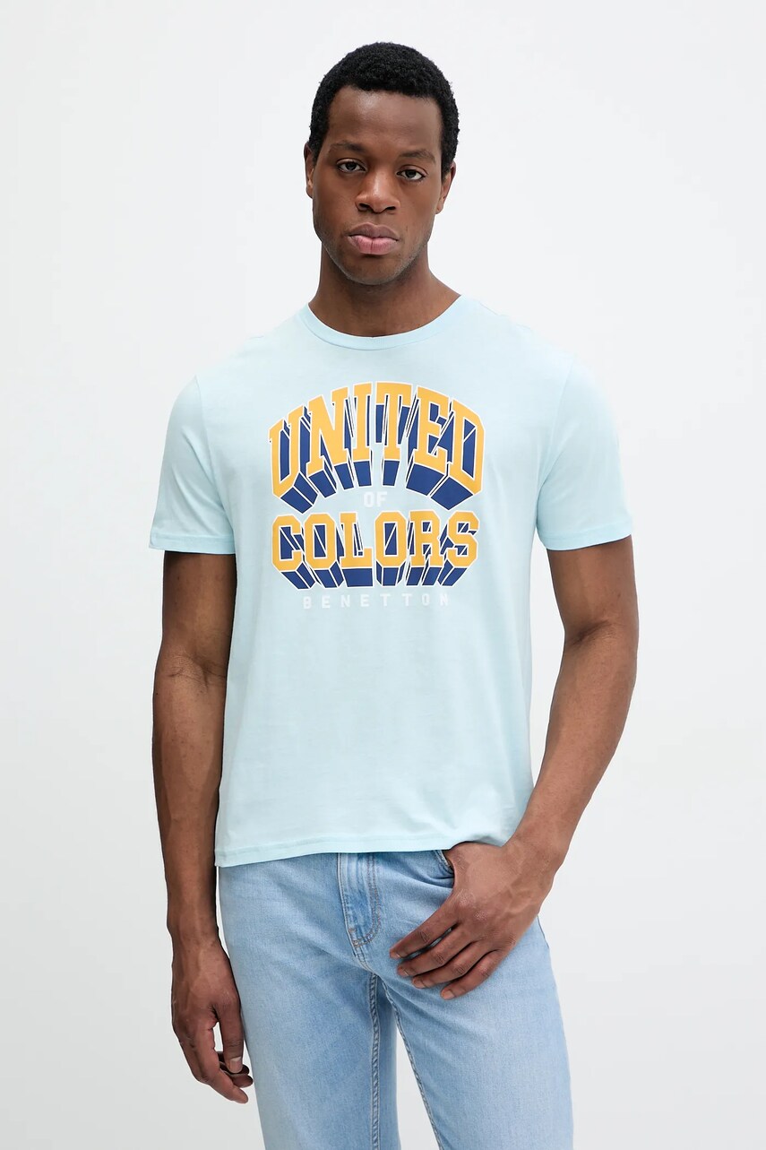 United Colors of Benetton tricou din bumbac bărbați, culoarea violet, cu imprimeu, 3I1XU1096