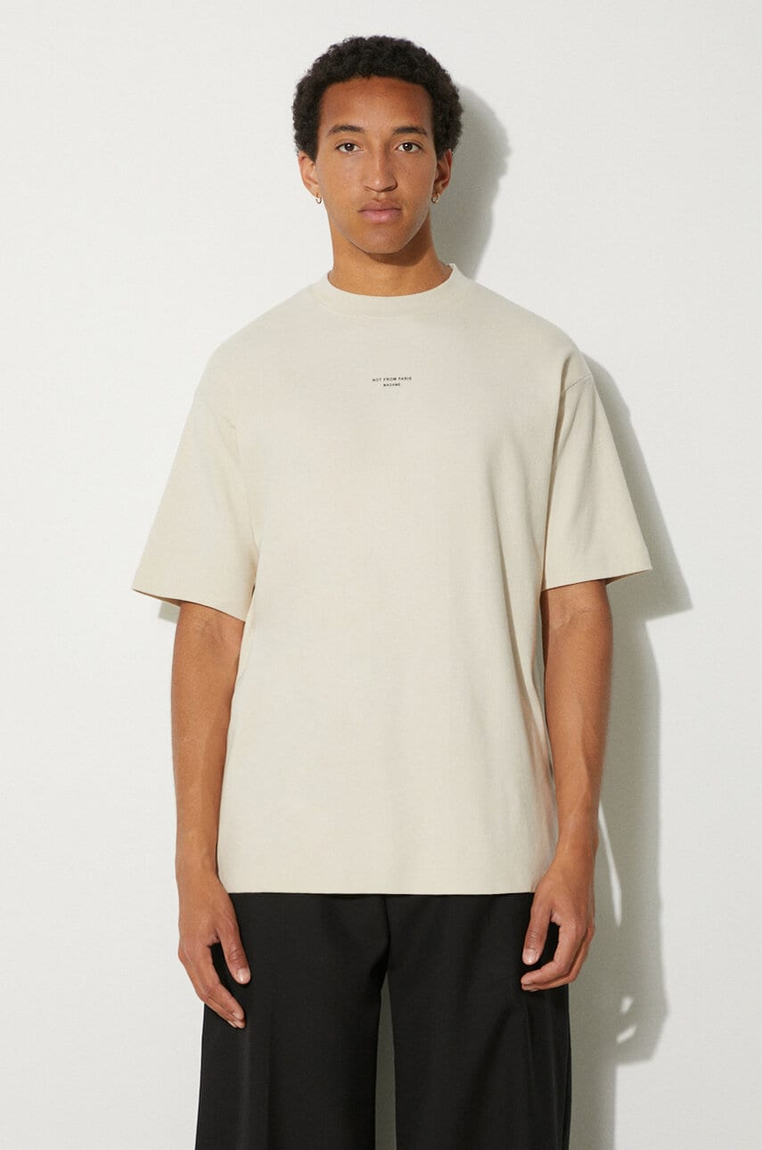 Drôle de Monsieur tricou din bumbac Slogan Classique barbati, culoarea bej, cu imprimeu, PERM-TS202-CO002-MT