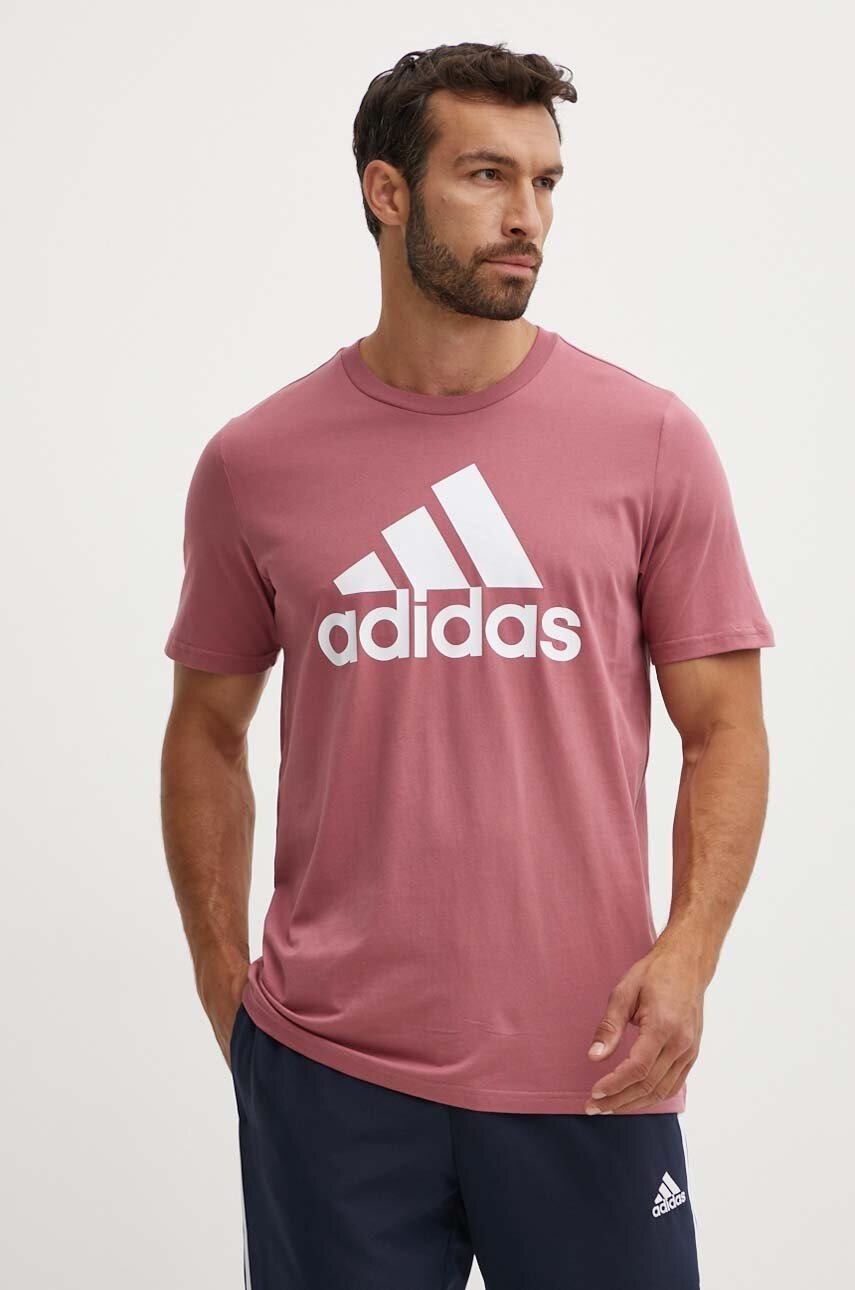 adidas tricou din bumbac Essentials barbati, culoarea roz, cu imprimeu, IX0137