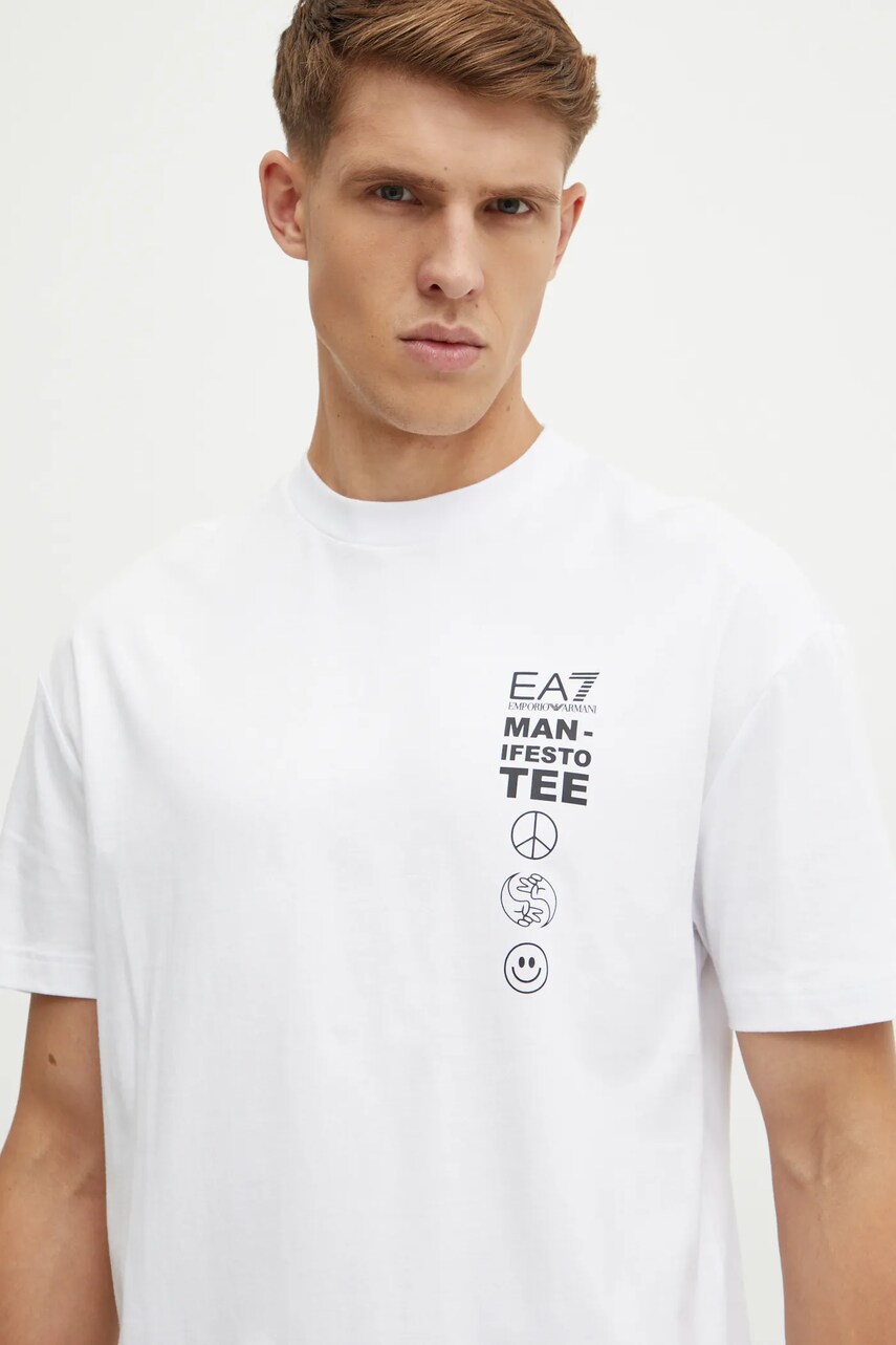 EA7 Emporio Armani tricou din bumbac barbati, culoarea alb, cu imprimeu, AF11970.7M000006