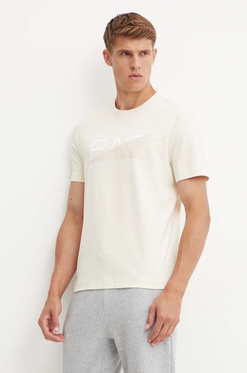 EA7 Emporio Armani tricou din bumbac barbati, culoarea bej, cu imprimeu, AF11970.7M000002