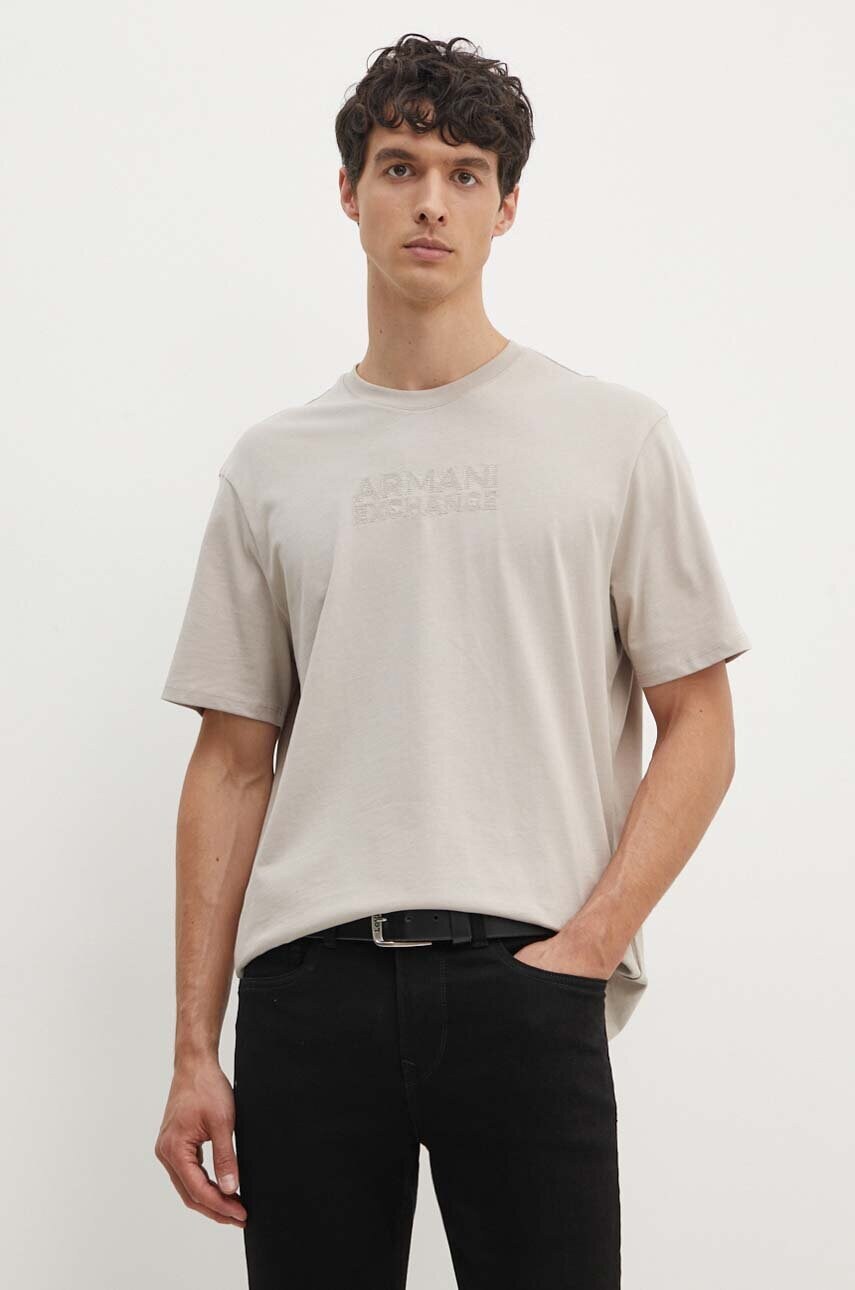 Armani Exchange tricou din bumbac barbati, culoarea bej, cu imprimeu, 6DZTAC ZJASZ