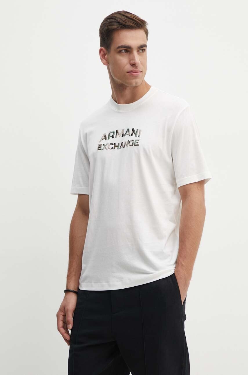 Armani Exchange tricou din bumbac barbati, culoarea bej, cu imprimeu, 6DZTHC ZJBYZ