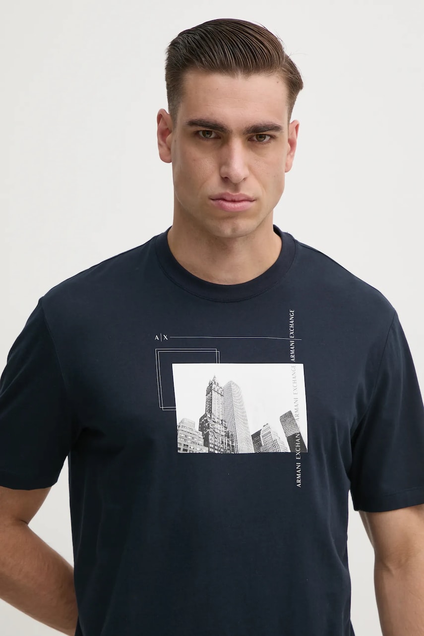 Armani Exchange tricou din bumbac barbati, culoarea albastru marin, cu imprimeu, 6DZTHZ ZJBYZ