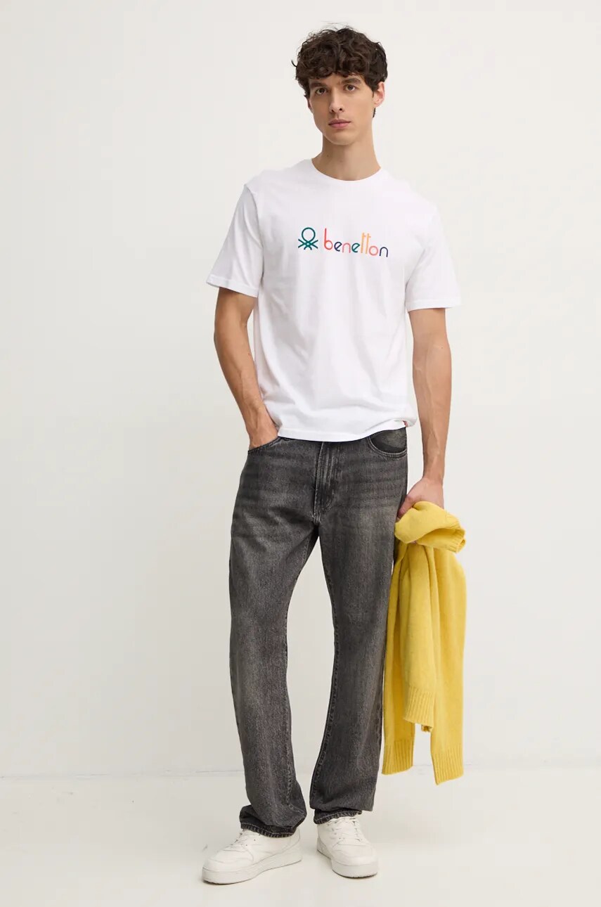 United Colors of Benetton tricou din bumbac barbati, culoarea alb, cu imprimeu, 3I1XU109Q