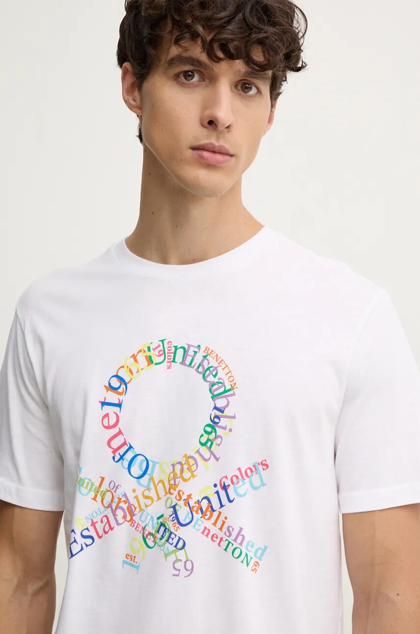 United Colors of Benetton tricou din bumbac barbati, culoarea alb, cu imprimeu, 3I1XU109Q