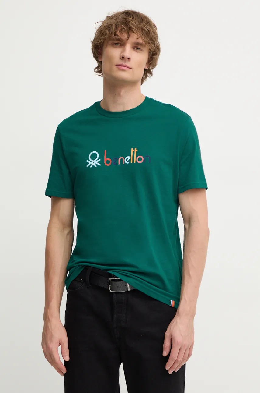

Памучна тениска United Colors of Benetton в зелено с принт 3I1XU109Q, Тюркоазен