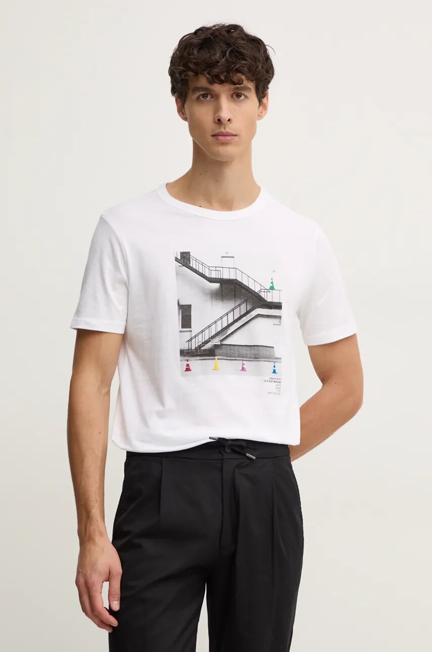United Colors of Benetton tricou din bumbac barbati, culoarea alb, cu imprimeu, 3I1XU109U United Colors of Benetton tricou din bumbac barbati, culoarea alb, cu imprimeu, 3I1XU109U