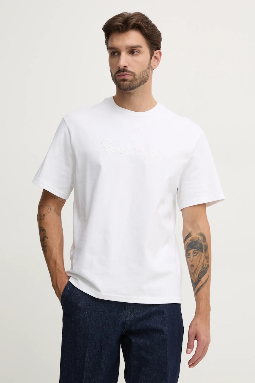United Colors of Benetton tricou din bumbac barbati, culoarea alb, cu imprimeu, 3MI6U109O United Colors of Benetton tricou din bumbac barbati, culoarea alb, cu imprimeu, 3MI6U109O