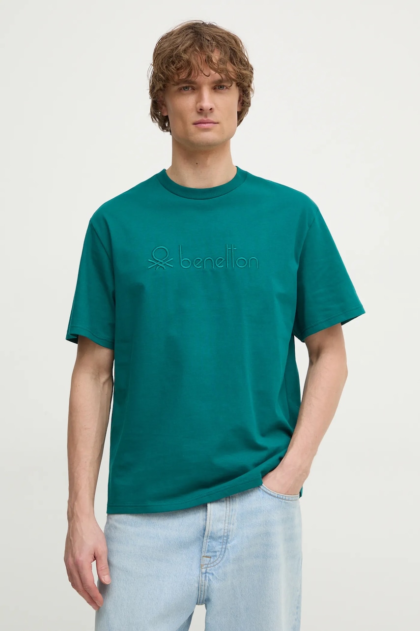 United Colors of Benetton tricou din bumbac barbati, culoarea verde, cu imprimeu, 3MI6U109O