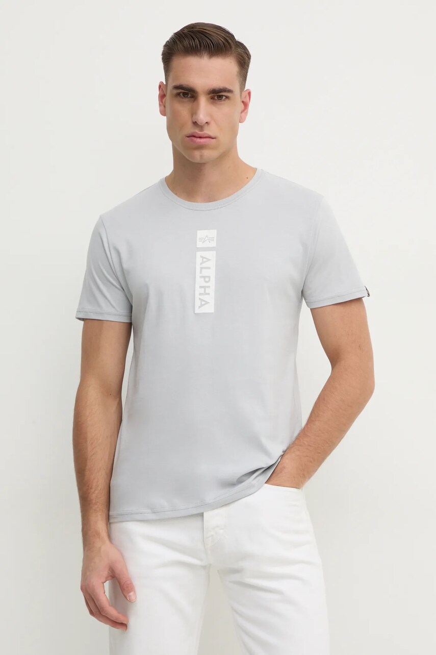 Alpha Industries tricou din bumbac barbati, culoarea gri, cu imprimeu, 146509 Alpha Industries tricou din bumbac barbati, culoarea gri, cu imprimeu, 146509