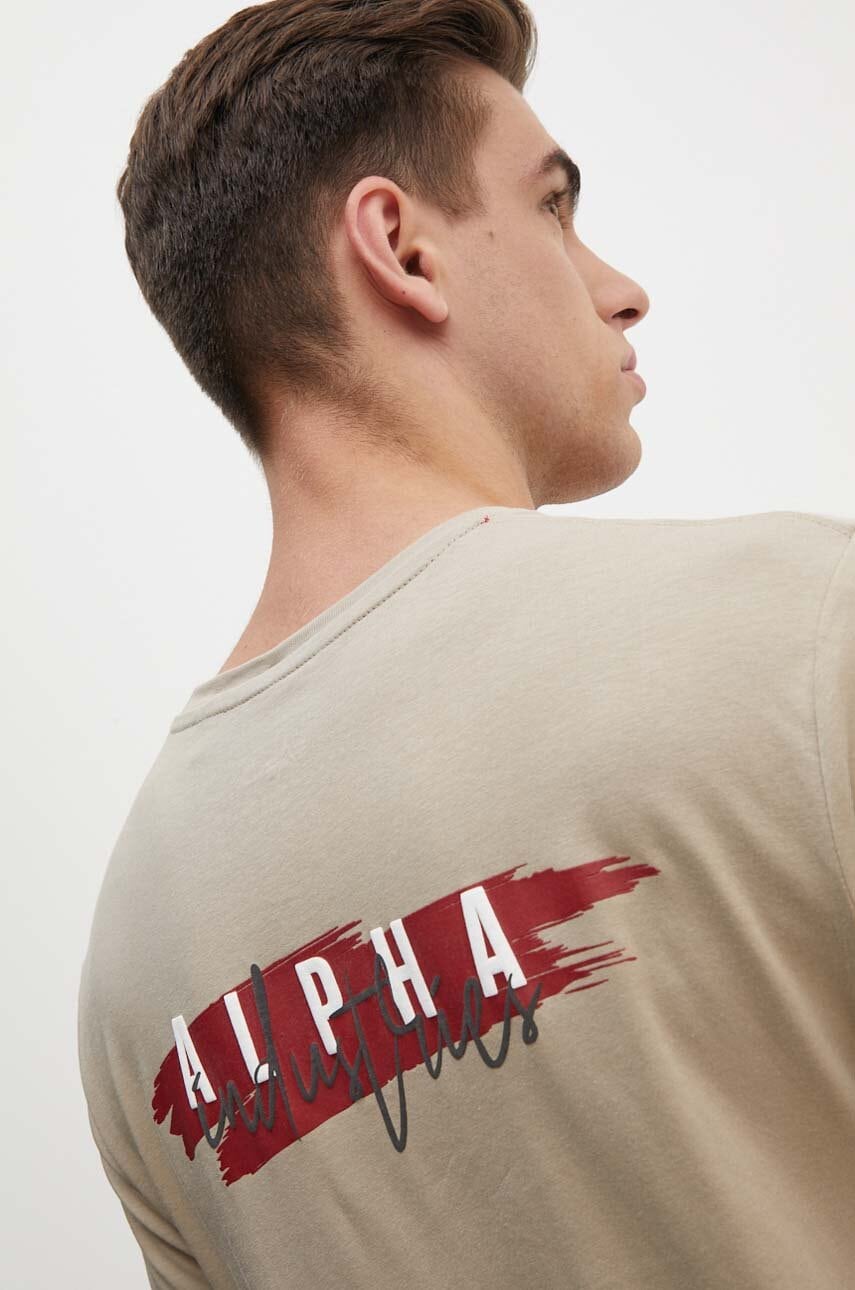 Alpha Industries tricou din bumbac barbati, culoarea bej, cu imprimeu, 148523