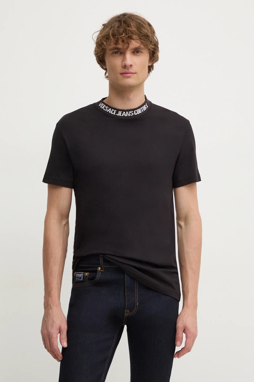 Versace Jeans Couture tricou din bumbac barbati, culoarea negru, neted, 77GAH6S2 J0001