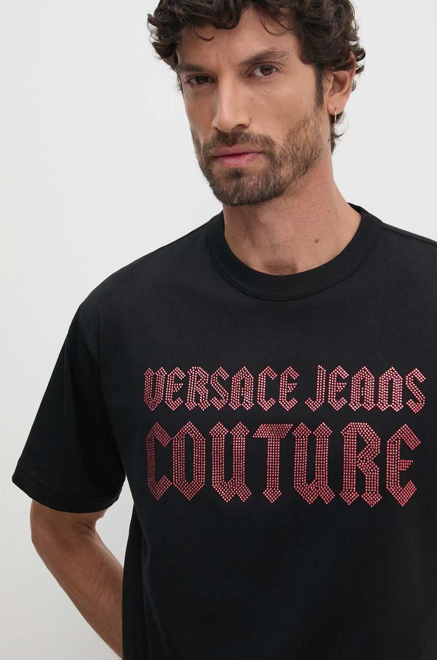 Pamučna Majica Versace Jeans Couture Za Muškarce, Boja: Crna, S Aplikacijom, 77GAHL00 CJ01L