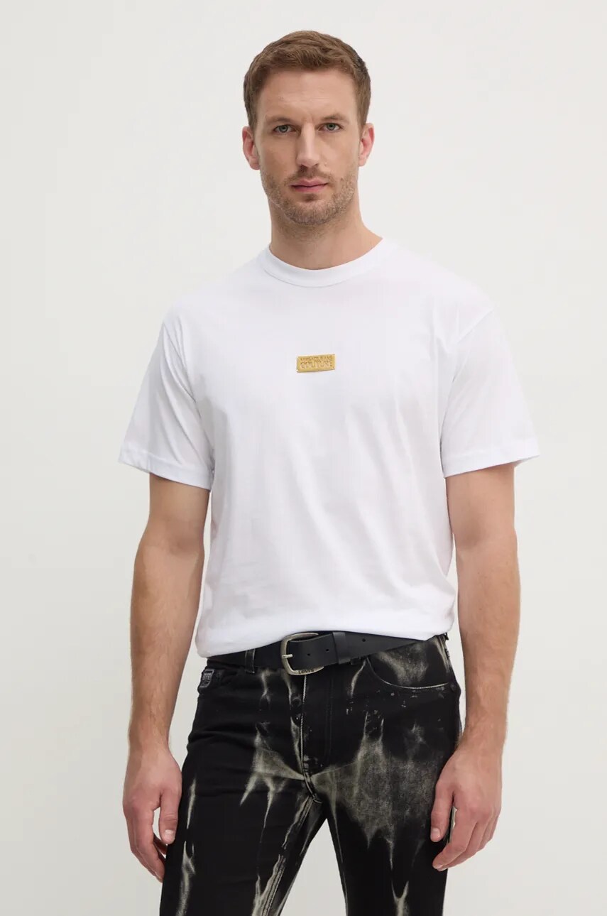 Versace Jeans Couture tricou din bumbac barbati, culoarea alb, cu imprimeu, 77GAHT08 CJ00T