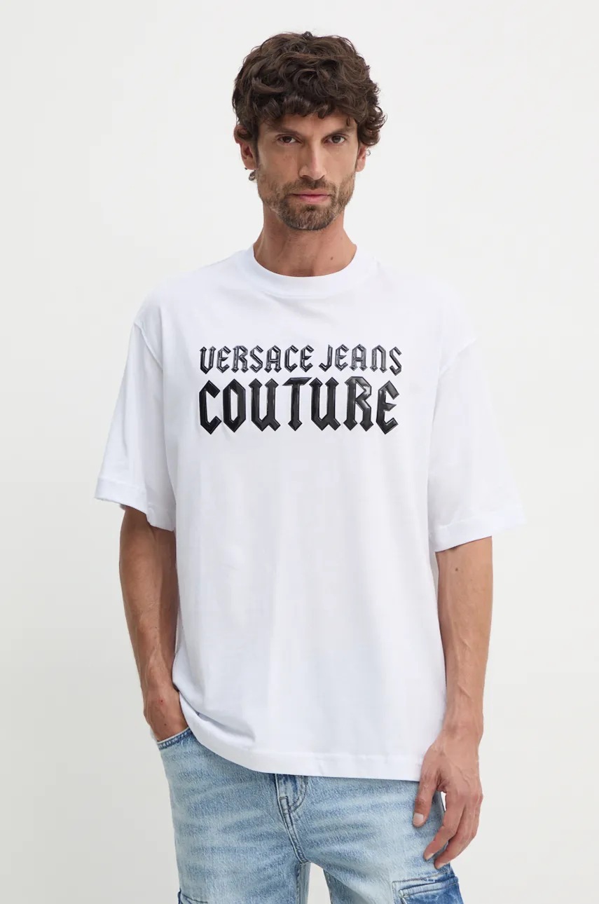 Versace Jeans Couture tricou din bumbac barbati, culoarea alb, cu imprimeu, 77GAHL02 CJ01L