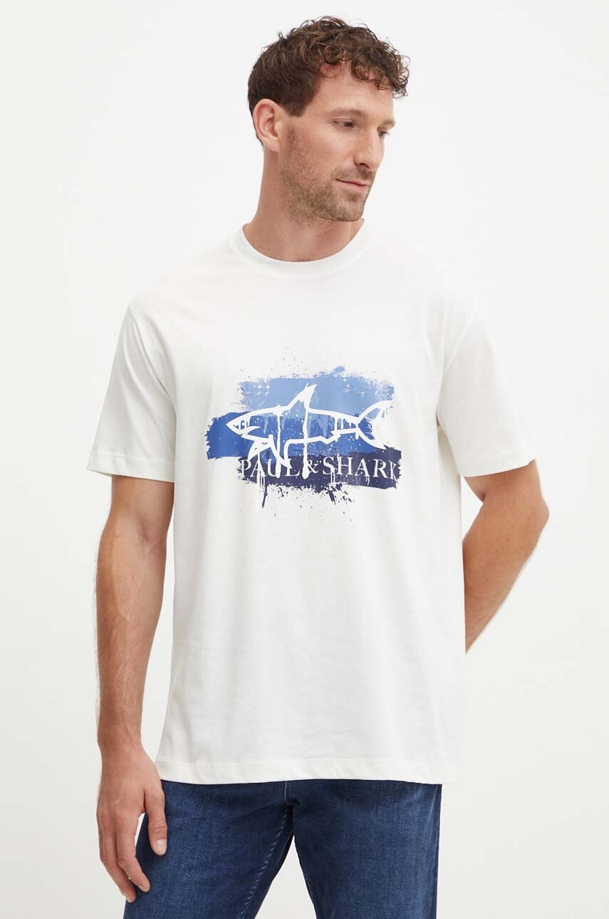 Paul&Shark tricou din bumbac barbati, culoarea bej, cu imprimeu, 14311631