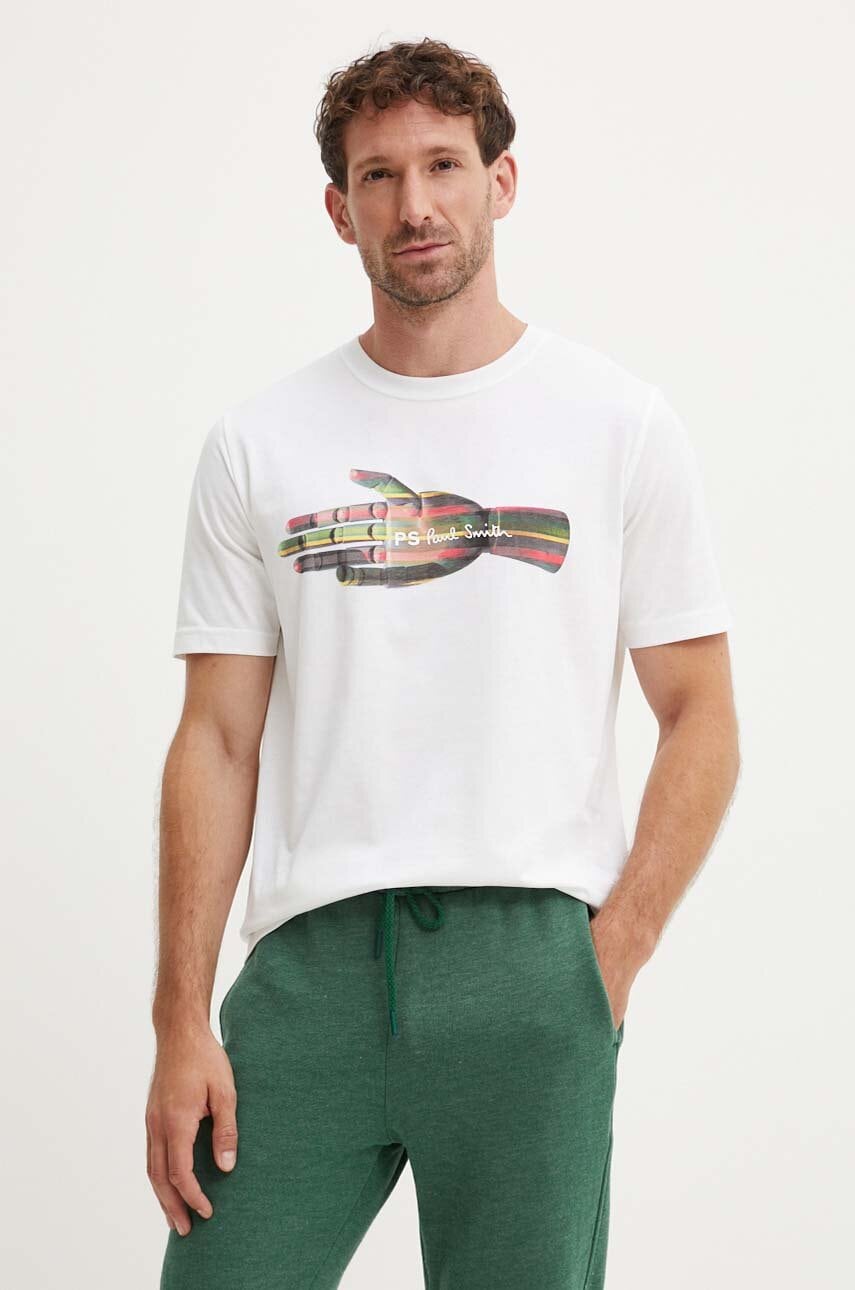 PS Paul Smith tricou din bumbac barbati, culoarea bej, cu imprimeu, M2R.011R.NP4804