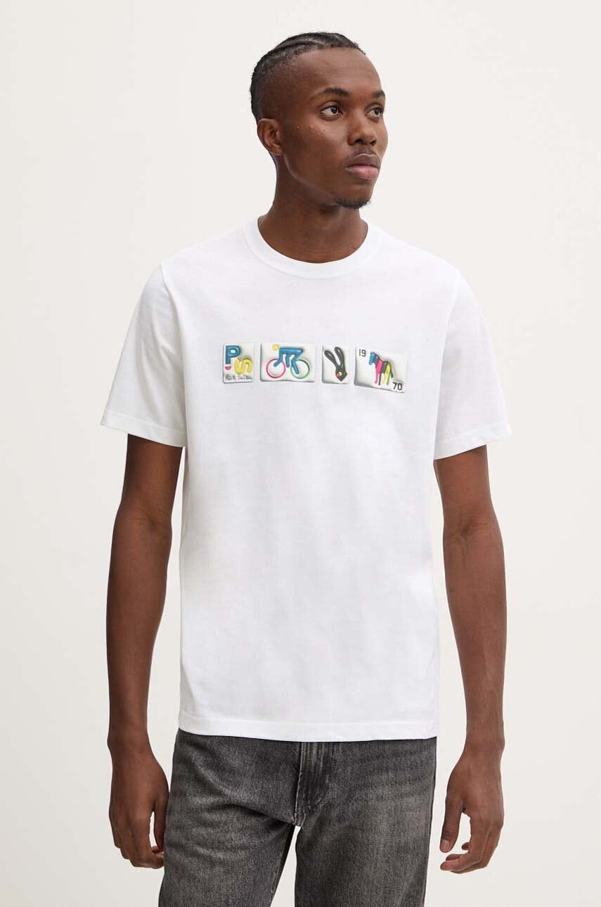 PS Paul Smith tricou din bumbac barbati, culoarea alb, cu imprimeu, M2R.011R.NP4805 PS Paul Smith tricou din bumbac barbati, culoarea alb, cu imprimeu, M2R.011R.NP4805