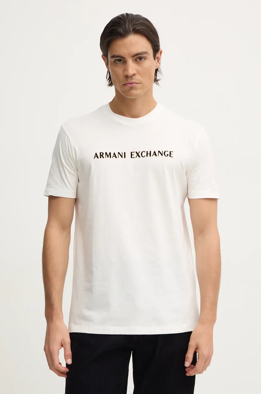 Armani Exchange tricou din bumbac barbati, culoarea bej, cu imprimeu, XM000127 AF10356