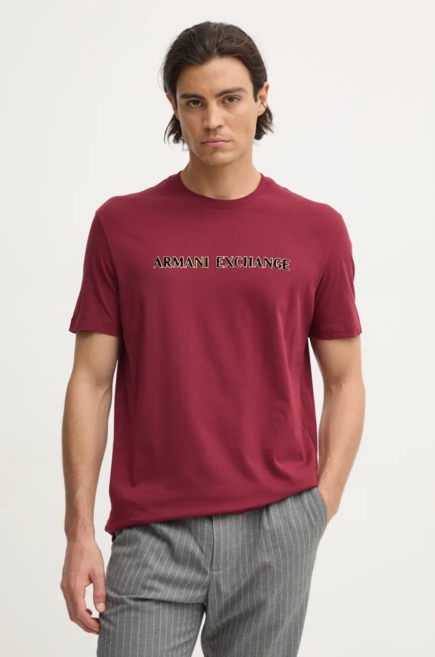 Armani Exchange tricou din bumbac barbati, culoarea bordo, cu imprimeu, XM000127 AF10356