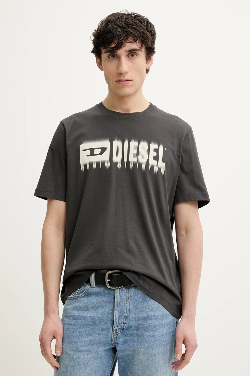Diesel tricou din bumbac T-ADJUST-Q7 barbati, culoarea gri, cu imprimeu, A15398.0GRAI