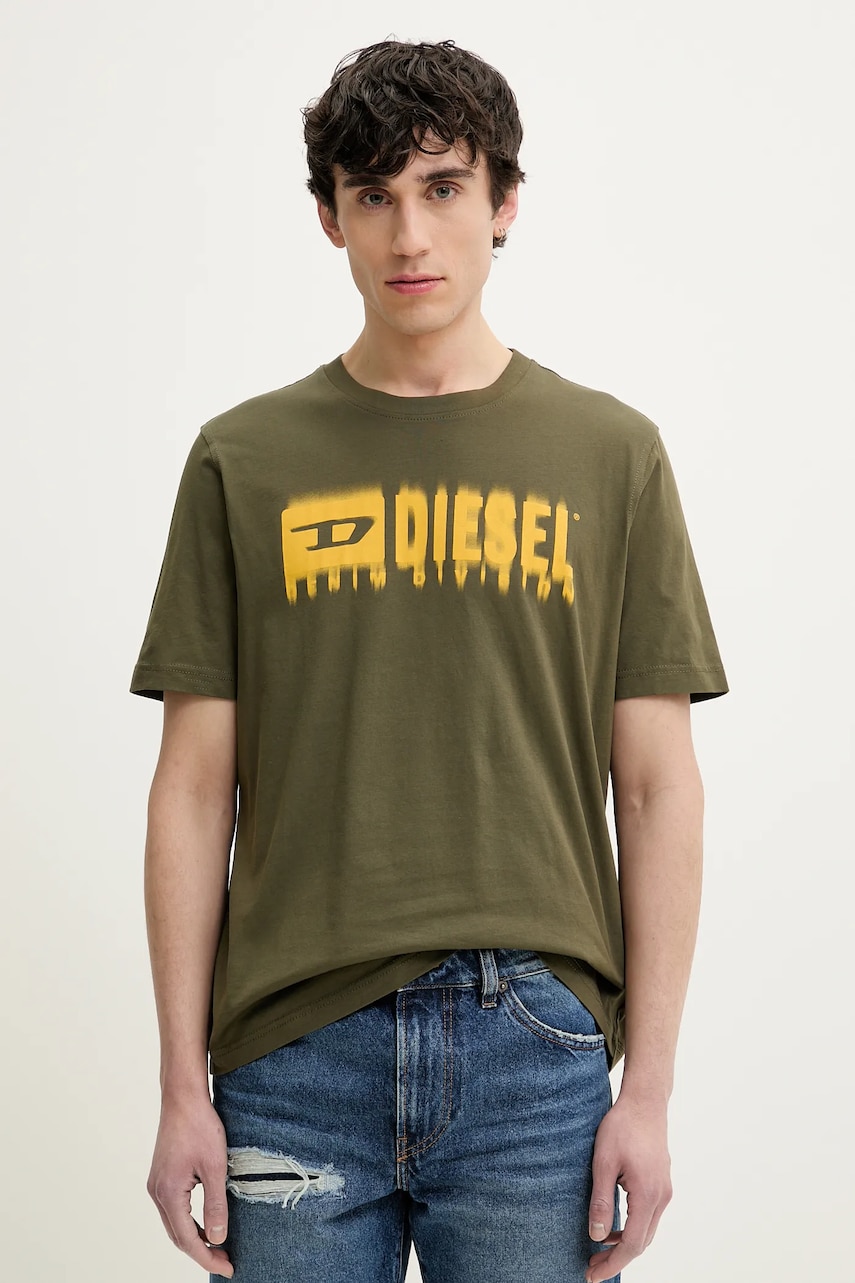 Diesel tricou din bumbac T-ADJUST-Q7 barbati, culoarea verde, cu imprimeu, A15398.0GRAI Diesel tricou din bumbac T-ADJUST-Q7 barbati, culoarea verde, cu imprimeu, A15398.0GRAI