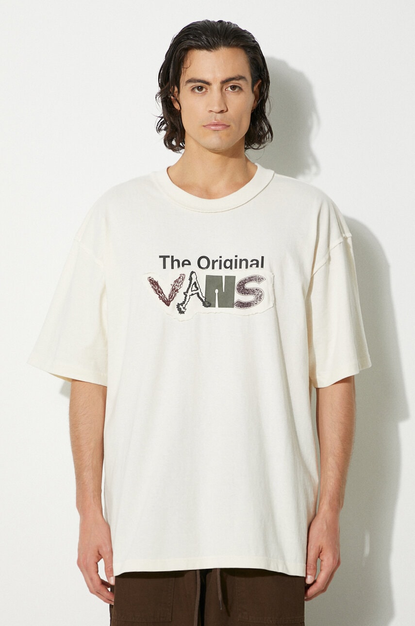 Vans tricou din bumbac Premium Classics LX Vans Clash barbati, culoarea bej, cu imprimeu, VN000HQ73KS1