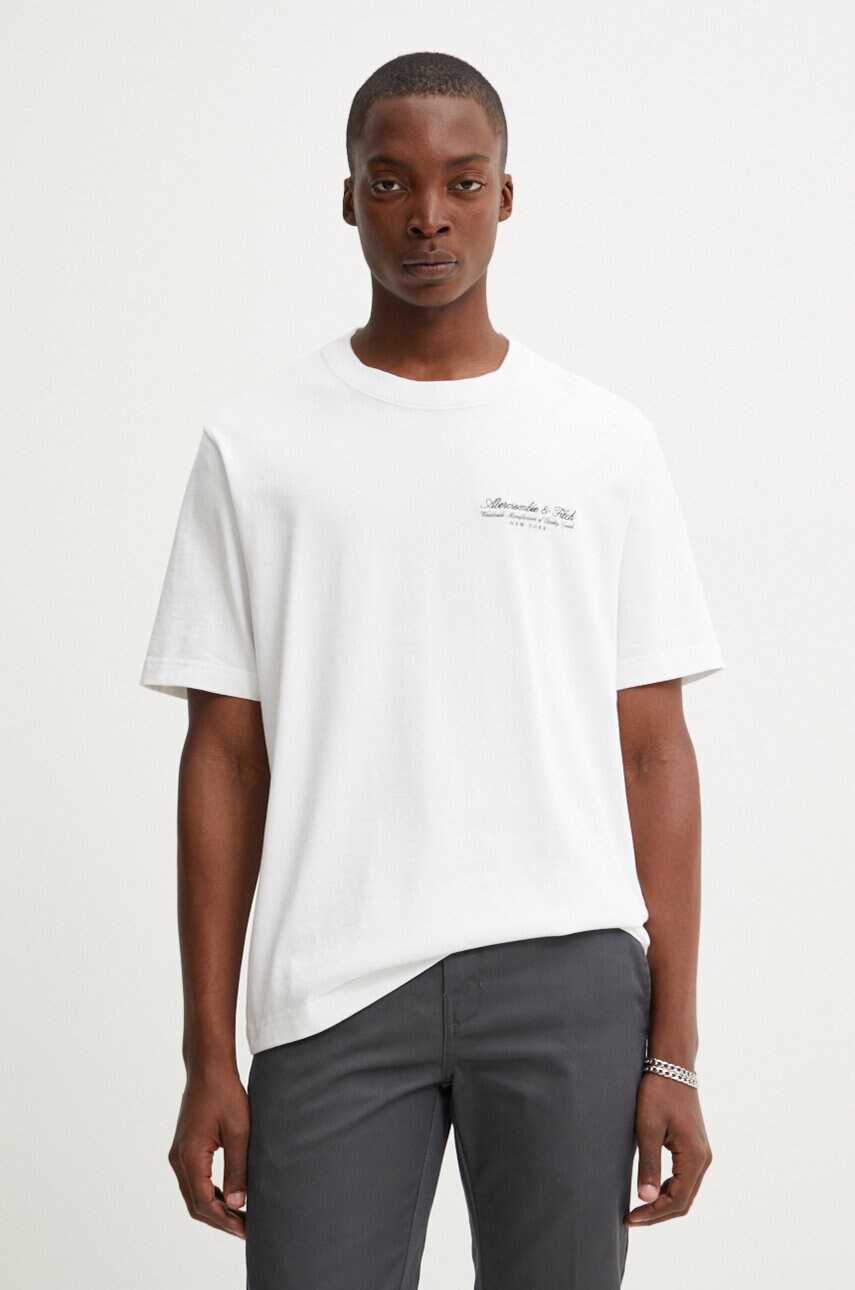 Abercrombie & Fitch tricou din bumbac barbati, culoarea alb, cu imprimeu, KI123-4149