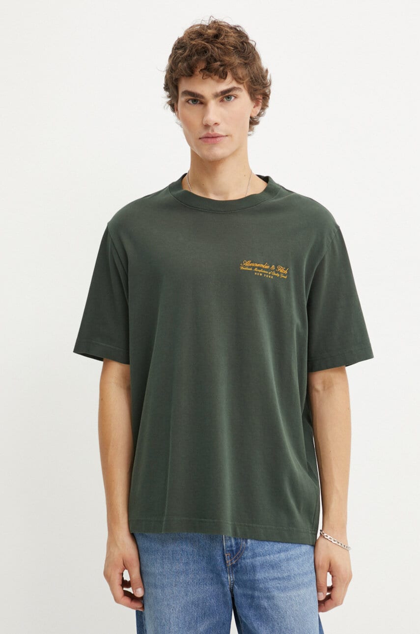 Abercrombie & Fitch tricou din bumbac barbati, culoarea verde, cu imprimeu, KI123-4149 Abercrombie & Fitch tricou din bumbac barbati, culoarea verde, cu imprimeu, KI123-4149