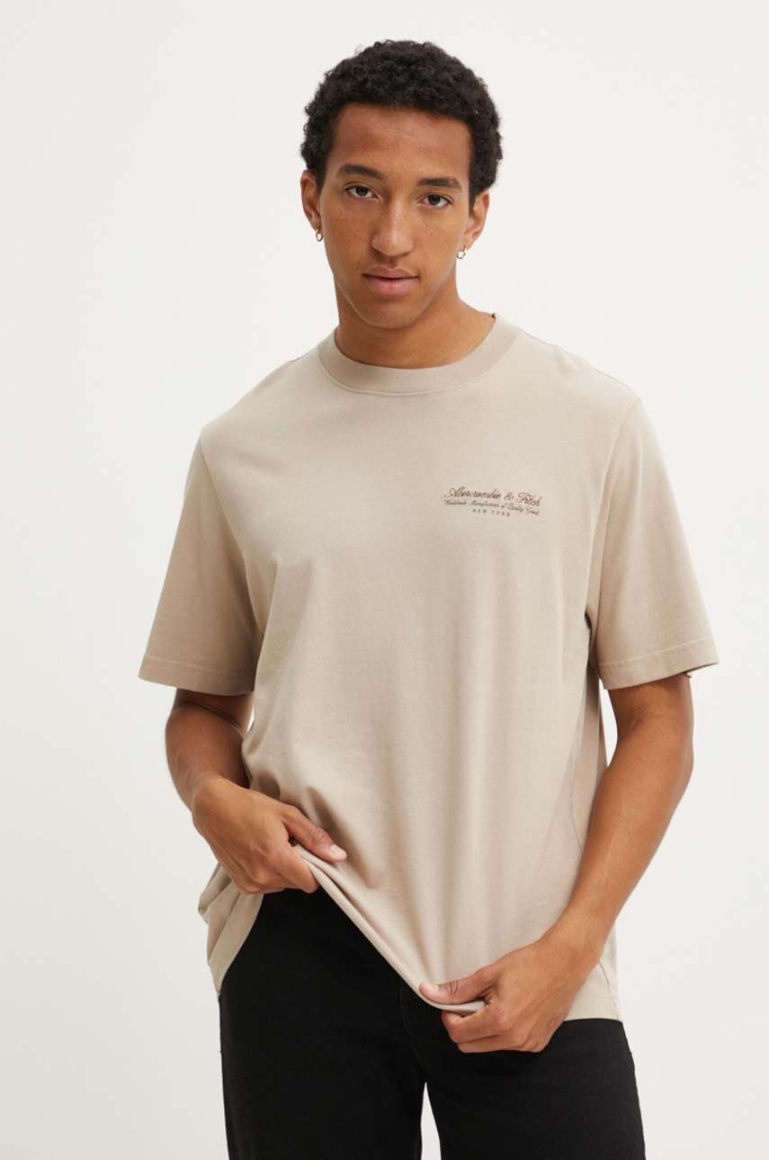 Abercrombie & Fitch tricou din bumbac barbati, culoarea bej, cu imprimeu, KI123-4149 Abercrombie & Fitch tricou din bumbac barbati, culoarea bej, cu imprimeu, KI123-4149