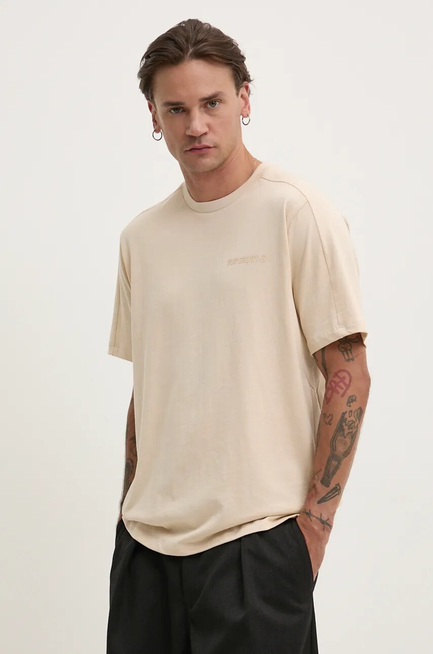 Superdry tricou din bumbac barbati, culoarea bej, cu imprimeu, M1012083A-1YP