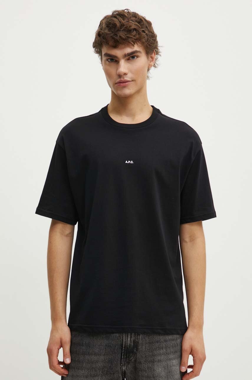 A.P.C. tricou din bumbac t-shirt boxy micro logo GOTS barbati, culoarea negru, neted, COHBW.H26386