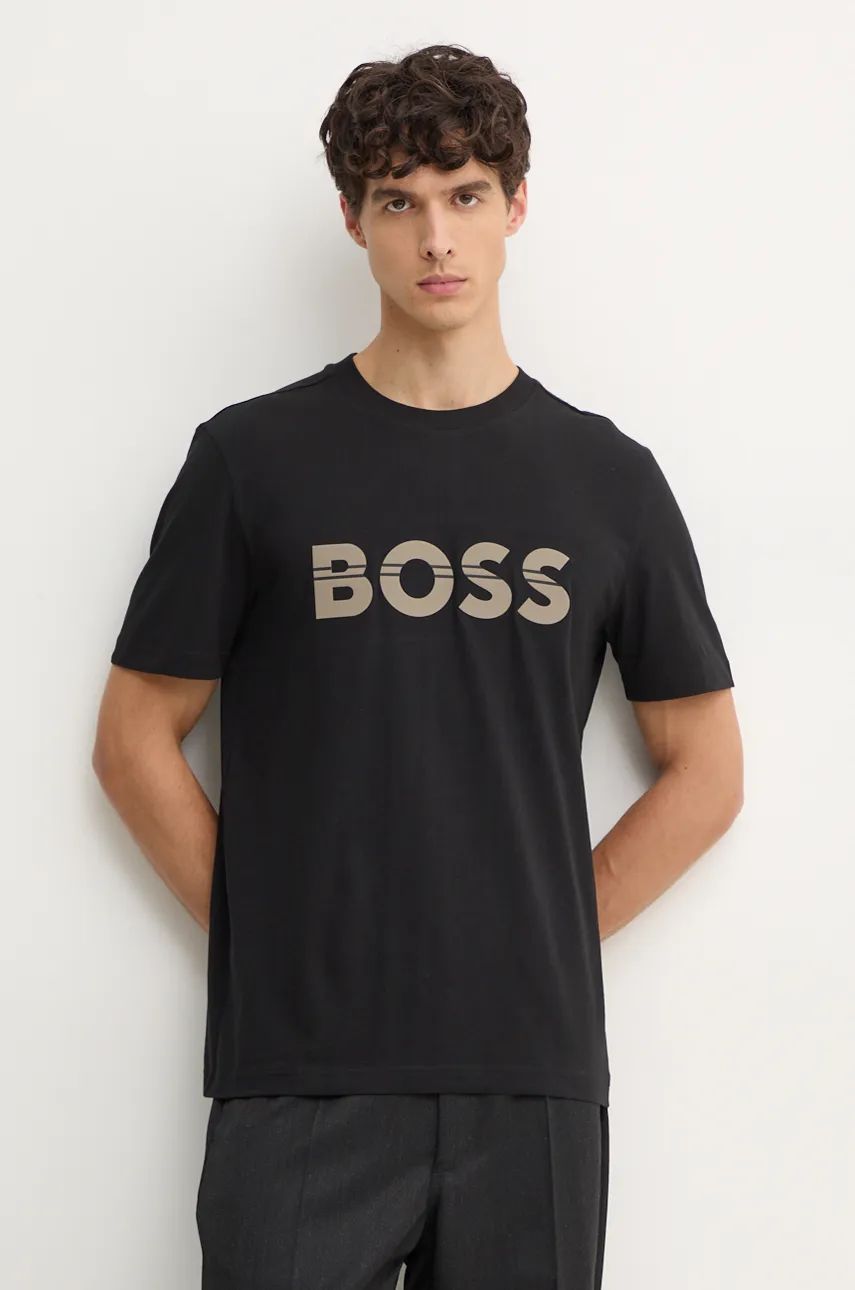 Boss Green tricou din bumbac barbati, culoarea negru, cu imprimeu, 50525208