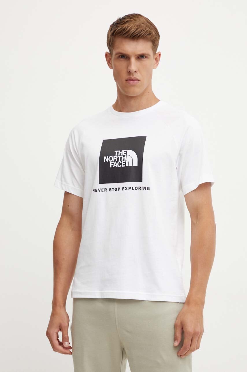 The North Face tricou din bumbac S/S Raglan Redbox Tee barbati, culoarea alb, cu imprimeu, NF0A87NJFN41
