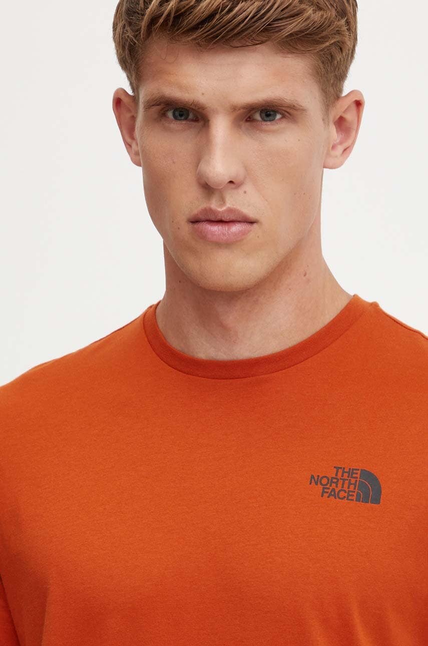 The North Face tricou din bumbac S/S Redbox Celebration Tee barbati, culoarea portocaliu, cu imprimeu, NF0A87NV1I01 The North Face tricou din bumbac S/S Redbox Celebration Tee barbati, culoarea portocaliu, cu imprimeu, NF0A87NV1I01