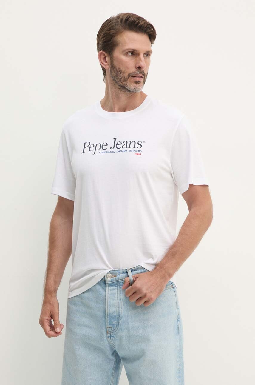 Pepe Jeans tricou din bumbac ALBERT barbati, culoarea alb, cu imprimeu, PM509432