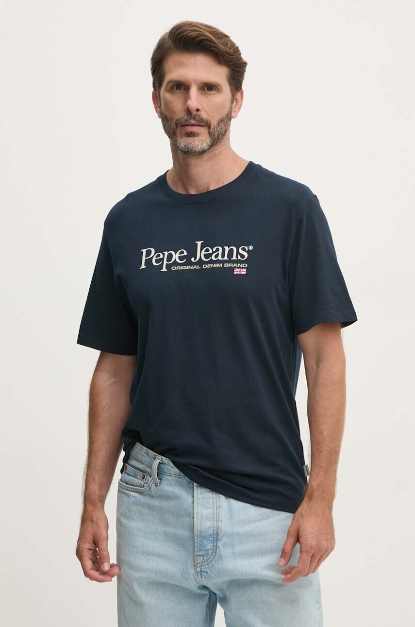 Pepe Jeans tricou din bumbac ALBERT barbati, culoarea albastru marin, cu imprimeu, PM509432