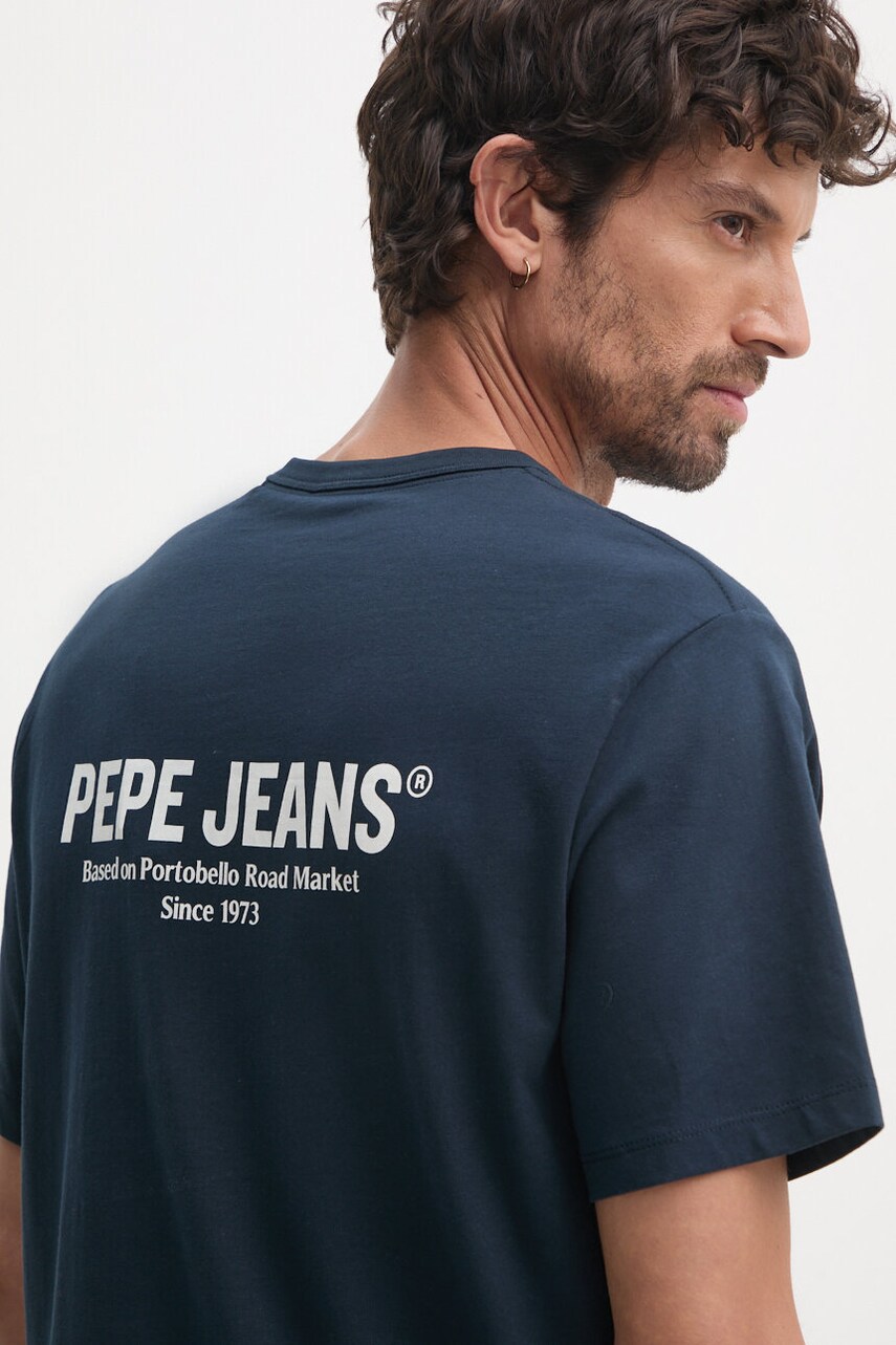 Pepe Jeans tricou din bumbac SAM TEE barbati, culoarea albastru marin, cu imprimeu, PM509433