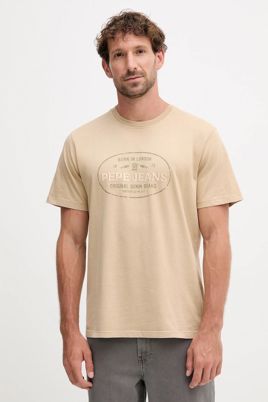 Pepe Jeans tricou din bumbac ANDER barbati, culoarea bej, cu imprimeu, PM509621