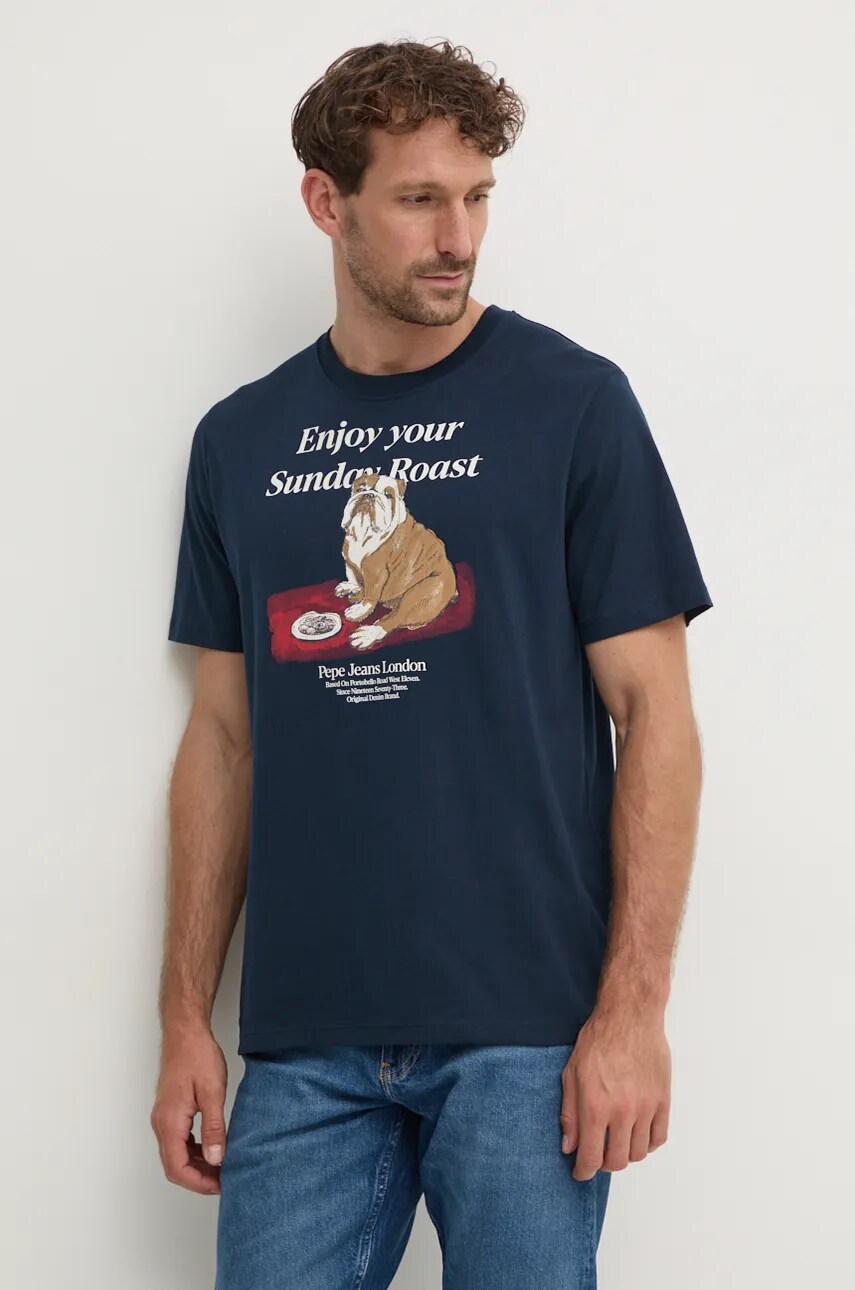 Pepe Jeans tricou din bumbac AXEL TEE barbati, culoarea albastru marin, cu imprimeu, PM509622
