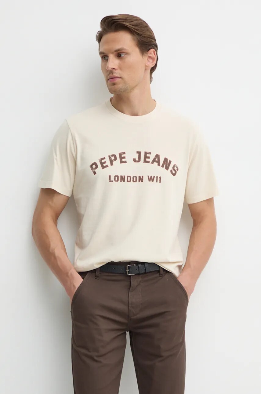 Pepe Jeans tricou din bumbac ALDRIDGE barbati, culoarea bej, cu imprimeu, PM509628