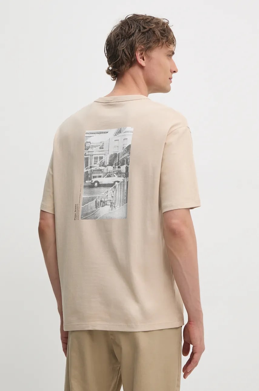 Pepe Jeans tricou din bumbac ASTONE barbati, culoarea bej, cu imprimeu, PM509646