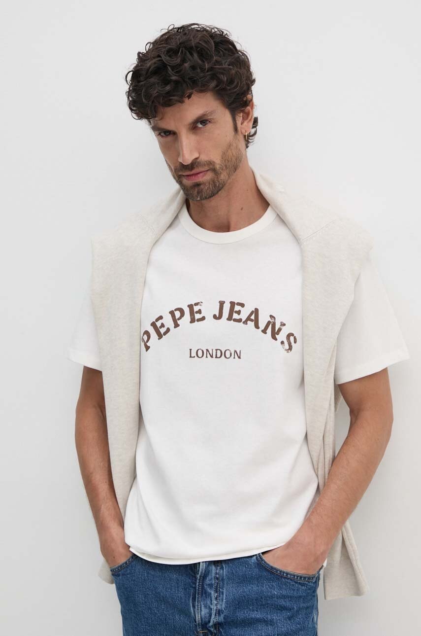 Pepe Jeans tricou din bumbac ANWEN B barbati, culoarea bej, cu imprimeu, PM509711